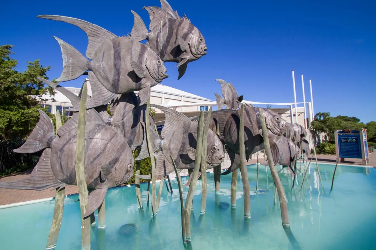 A whimsically landscaped outdoor area featuring large fish sculptures, a playful water feature, and vibrant greenery. Families and children are seen exploring the art installations and enjoying the outdoor space, capturing a sense of fun and imagination.