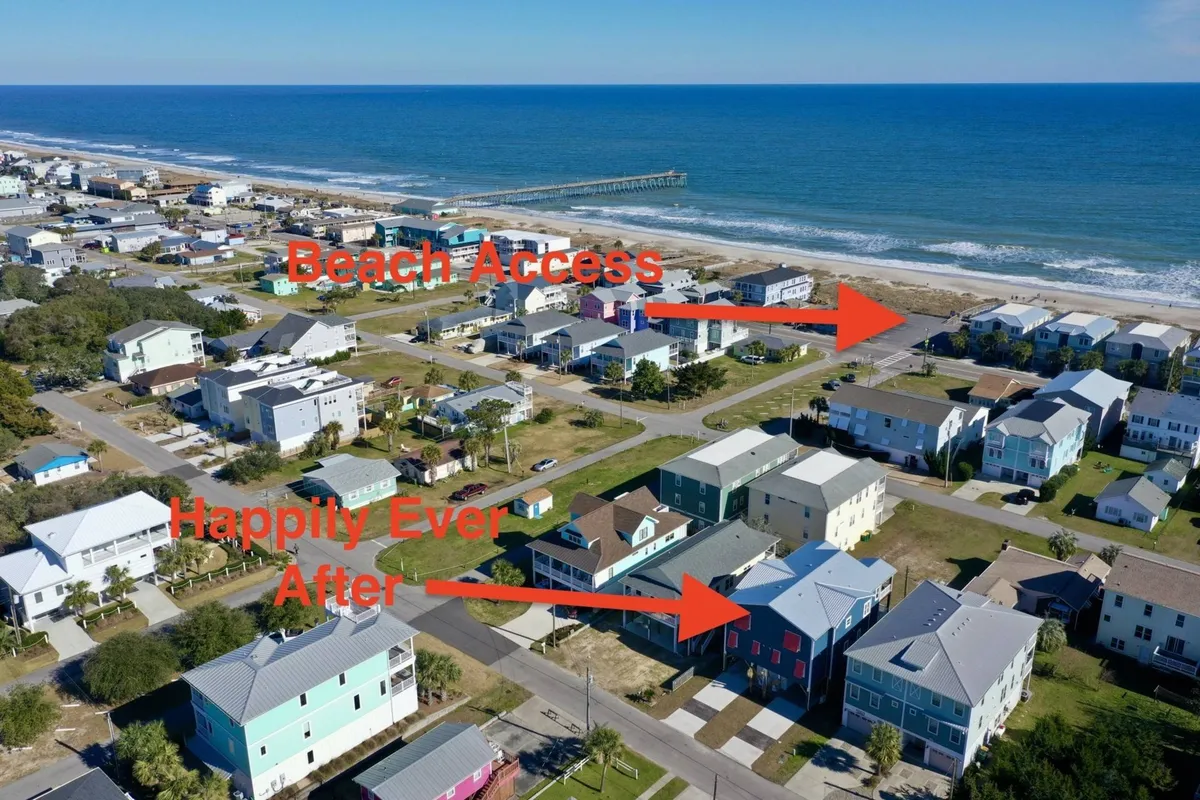 A vibrant exterior shot showing colorful beach houses, easy beach access, and a pier in the distance. The scene is filled with cheerful light and suggests proximity to the beach and community gathering activities such as family beach outings and walks.